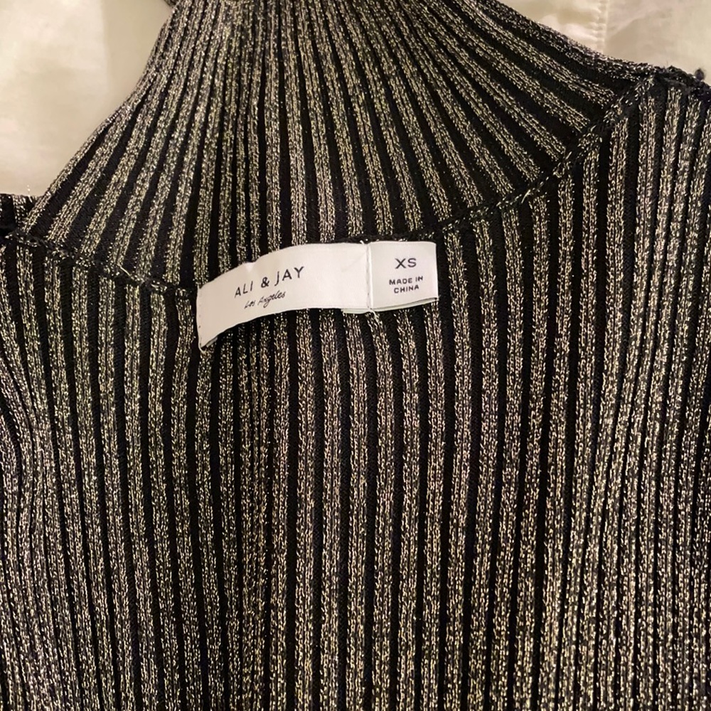 Ali and jay lurex gold shimmer turtle neck dress w tie in front
